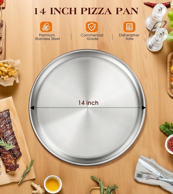 Stainless Steel Pizza Pan 14 inch, Pizza Pan for Oven, Steel Pizza Tray, Thick Round Pizza Plate Pizza Baking Sheet, Easy Clean & Dishwasher Safe, Set of 1