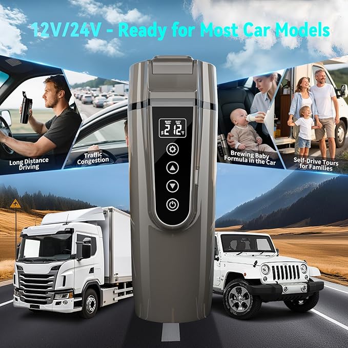 Car Electric Kettle for Travel : FVPE 12V/24V Small Electric Water Kettle, Multi-Temp Control 400 mL Portable Car Water Boiler for Brewing Coffee Tea,LCD Display 304 Stainless Steel Truck Heating Cup