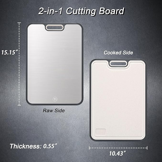 Titanium Cutting Boards for Kitchen, Double Sided Food Grade Cutting Board, Pure Titanium & Wheat Straw PP Chopping Board for Meat, Vegetables and Fruits 15.15×10.43in