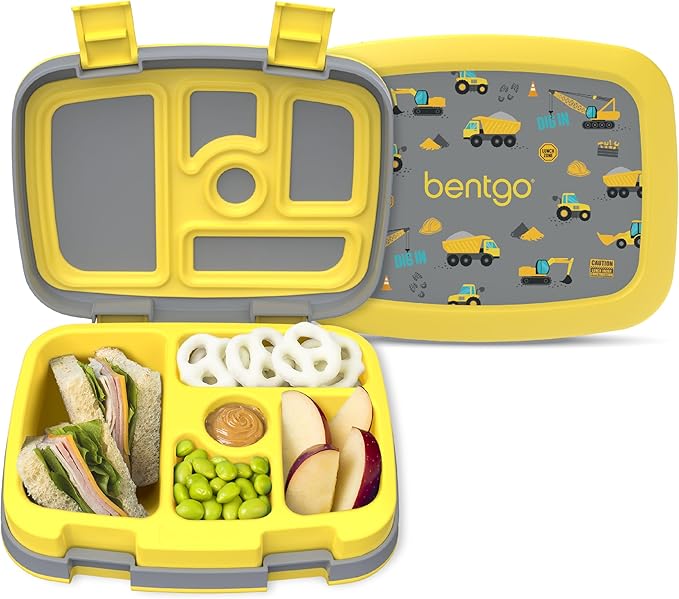 Bentgo Kids Prints Leak-Proof, 5-Compartment Bento-Style Kids Lunch Box - Ideal Portion Sizes for Ages 3-7, Durable, Drop-Proof, Dishwasher Safe, & PFAS & BPA-Free Materials (Construction Trucks)