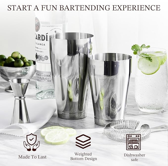 KITESSENSU Boston Cocktail Shaker Set, 8-Piece Professional Bartender Kit with Stainless Steel Martini Drink Mixer, Hawthorne Strainers, Double Jiggers, Dishwasher Safe Bar Tools for Home Bars & Gifts