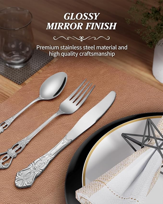 24 Pieces Silverware Set for 4, Retro Royal Flatware Set with Steak Knives, Gorgeous Stainless Steel Cutlery Utensil Set Include Forks Spoons and Knives, Mirror Finish,Dishwasher Safe
