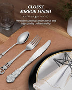 24 Pieces Silverware Set for 4, Retro Royal Flatware Set with Steak Knives, Gorgeous Stainless Steel Cutlery Utensil Set Include Forks Spoons and Knives, Mirror Finish,Dishwasher Safe
