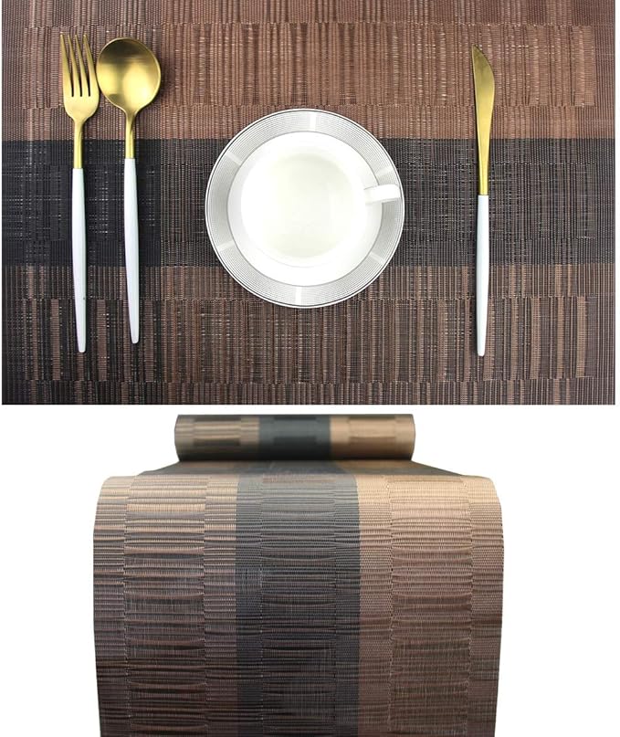 PIGCHCY Elegant Placemats with Matching Table Runner,Washable Durable Plastic Placemats for Dining Table Sets(6pcs Placemats+1pcs Table Runner, Brown)