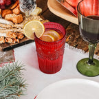 12pcs Vintage Drinking Glasses Set, 12 oz Highball Glasses & 9 oz Embossed Ribbed Glassware Cups for Cocktail, Water, Juice, Coffee, Whiskey (Christmas Red)