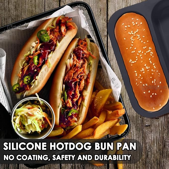 Silicone Hotdog Bun Pan, 6 Inch Standard Hot dog Bun Mold, 4 Cup Non-stick Homemade Hotdog Bun Baking Pans, Mini Baguette Pans, Dishwasher Safe, 2 Pcs (Grey)