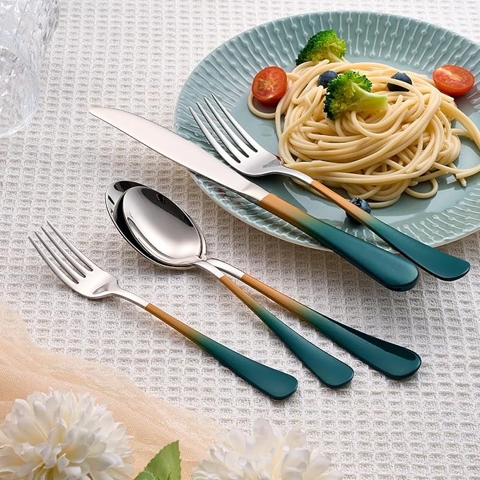 20 Piece Green and Orange 18/0 Flatware Utensil Set for 4, Include Dinner Knife,Dinner Forks,Dinner Spoons,Salad Forks,Teaspoons,Silverware Set for 4, Dishwasher Safe