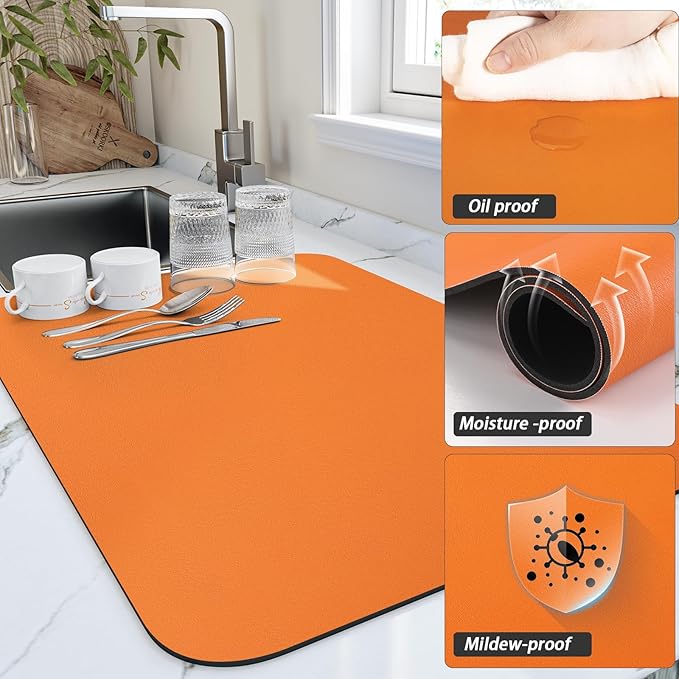 Dish Drying Mat for Kitchen Counter, Heat Resistant Drainer Mats with Non-slip Rubber Backed, Hide Stain Kitchen Super Absorbent Draining Mat, Easy to Clean Dish Rack Pad, Orange 16"x18"
