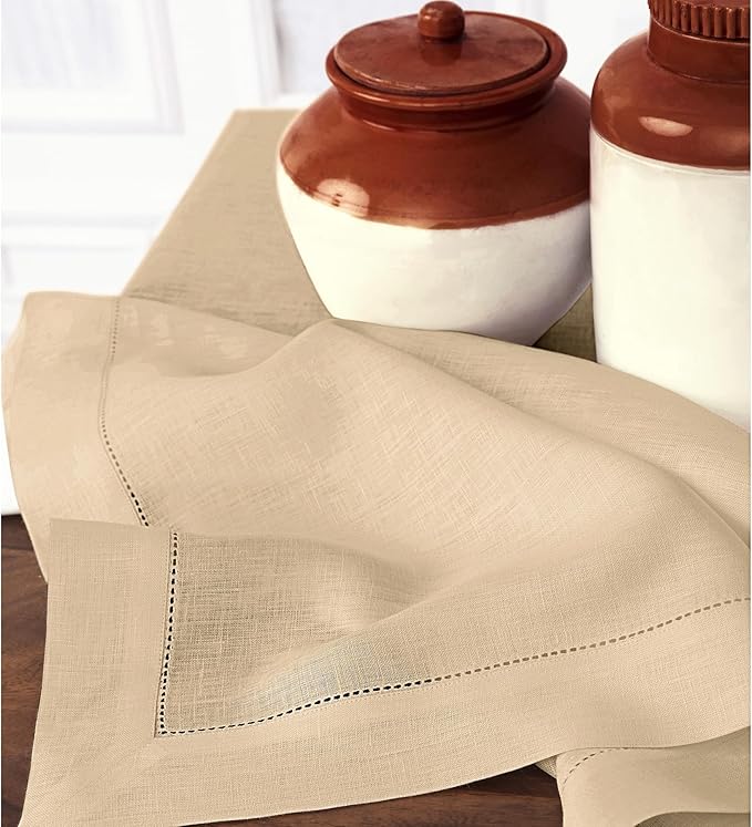 Solino Home Beige Linen Tablecloth 60 x 120 Inch - Classic Hemstitch, 100% Pure Linen Rectangular Tablecloth - Machine Washable Table Cloth for Summer, Fall, Autumn