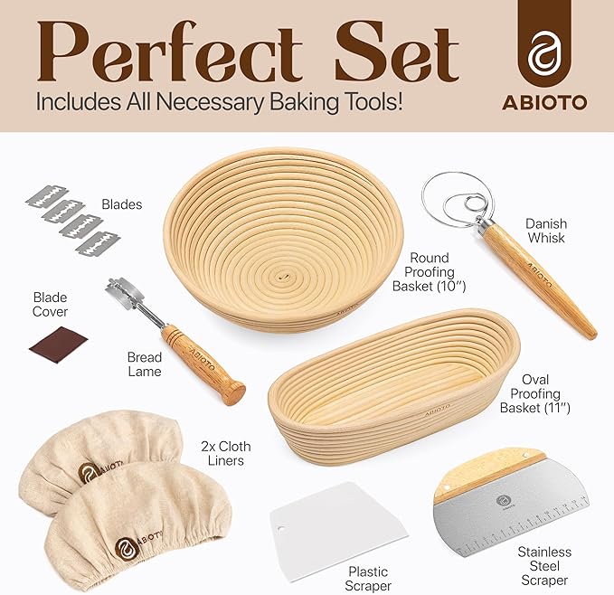 Sourdough Kit with Professional Bread Making Tools - A Complete Sourdough Bread Making Kit Including10" Round & 11" Oval Handcrafted Bannetons, Bread Lame, Danish Whisk, Bowl & Dough Scrapers