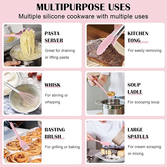 HaWare Kitchen Utensils, 14 PCS Silicone Cooking Utensils Set, Heat Resistant Kitchen Utensils for Non-stick Cookware, Kitchen Gadgets Tools with Spoons, Spatulas, Whisk, Dishwasher Safe (Pink)