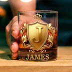 Personalized Whiskey Glass | Custom Golden 3D Initial Badge with Name | 10 oz Drinking Glass Customized Gifts for Man Bartender Whiskey Enthusiast
