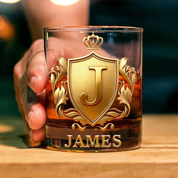 Personalized Whiskey Glass | Custom Golden 3D Initial Badge with Name | 10 oz Drinking Glass Customized Gifts for Man Bartender Whiskey Enthusiast
