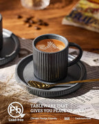 famiware Star Espresso Cups and Saucers Set of 4, [ Mini ] 3 oz Ceramic Small Coffee Mug with Handle, Ribbed Stoneware Demitasse Cup for Tea, Latte - Microwave & Dishwasher Safe - Matte Dark Charcoal