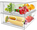 3 Pack Refrigerator Organizer Bins with Pull-out Drawer Stackable Clear Fridge Drawer Organizer Fruit Vegetable Storage Containers for Kitchen Pantry Organization (1 Large+2 Small)