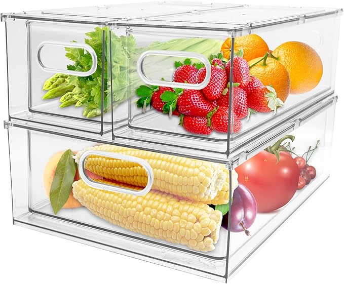 3 Pack Refrigerator Organizer Bins with Pull-out Drawer Stackable Clear Fridge Drawer Organizer Fruit Vegetable Storage Containers for Kitchen Pantry Organization (1 Large+2 Small)