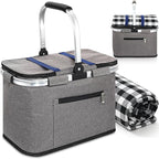 35L Large Insulated Picnic Basket with Blankets Kit Shopping Basket Cooler Bag Leakproof Collapsible Portable Suitable for Picnic Camping Work Hiking Food Delivery Gifts (Grey)