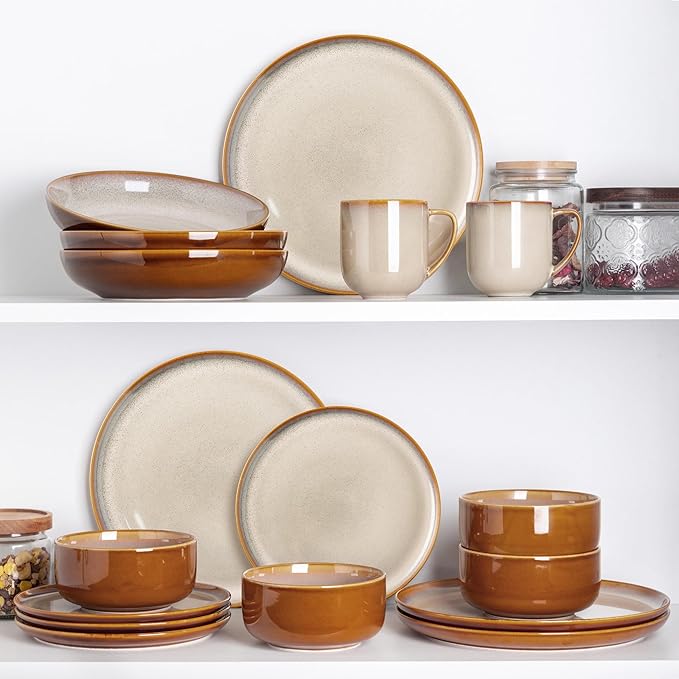 LERATIO Ceramic Dinnerware Sets for 4,12 Pieces Poreclain Plates and Bowls Sets,Scratch Resistant Dishes,Dishwasher & Microwave Safe,Oven Safe Dishes Set,Service for 4-Kahki
