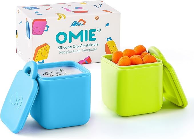 OmieBox (2 pack) Leakproof Dips Containers To Go, Salad Dressing Container, Condiment Container with Lids - Food Safe Silicone - 4 ounces (Blue/Lime)