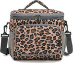 FlowFly Insulated Reusable Lunch Bag Adult Large Lunch Box for Women and Men with Adjustable Shoulder Strap,Front Zipper Pocket and Dual Large Mesh Side Pockets,Leopard