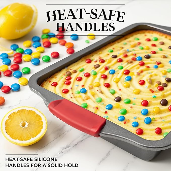 Tiawudi 13" x 9" Cake Pan, 0.8mm Thick Heavy Duty Baking Dish with Diamond Texture Pattern for Even Heating, Nonstick Baking Pan for Bread, Brownie or Lasagna, Cake Mold with Silicone Grip Handles