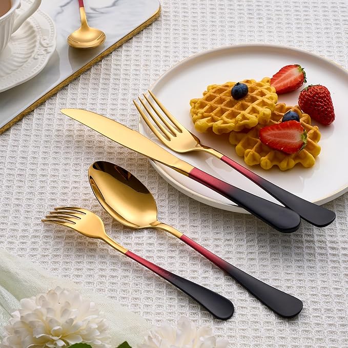 20 Piece Black Red and Gold 18/0 Flatware Utensil Set for 4, Include Dinner Knife,Dinner Forks,Dinner Spoons,Salad Forks,Teaspoons,Silverware Set for 4, Dishwasher Safe