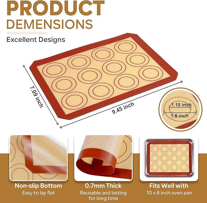 P&P CHEF 9.7 Inch Silicone Baking Mats, 2 Pcs Reusable Silicone Oven Mat, Non Stick Baking Supplies for Macaroon Pastry Bread Dough Cookie, Fits Well with Sheet Pan, Healthy & Easy Clean
