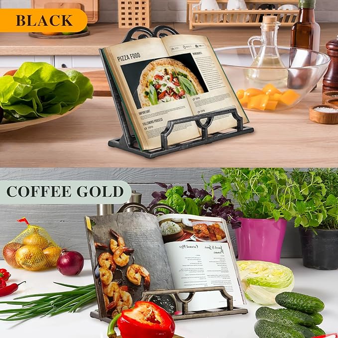 JOGREFUL Cookbook Stand, Cast Iron Heavy-Duty Recipe Book Holder, Kitchen Vintage Recipe Book Holder, Reading Rest Holder for Easel/Counter/Books/Magazine/iPad/Bible, Classic Black