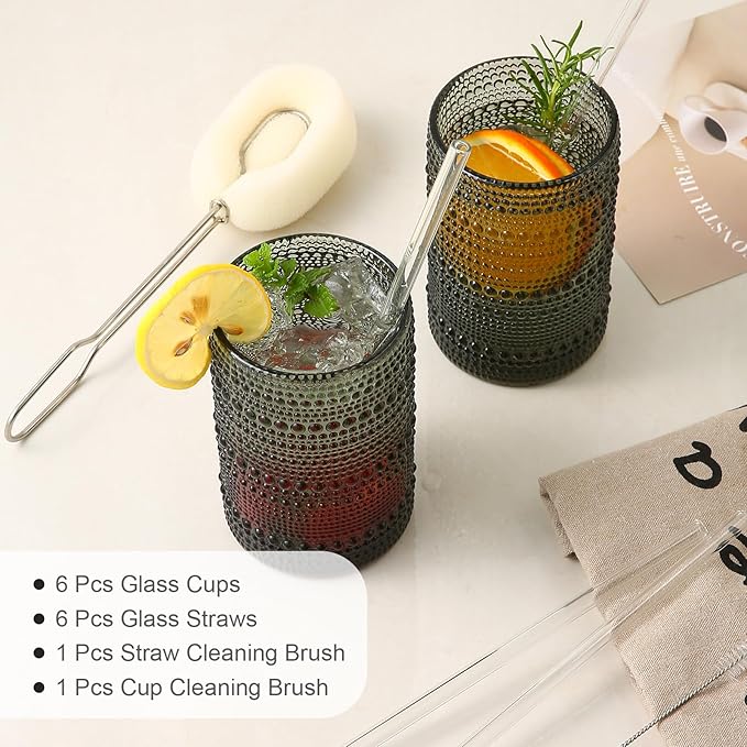 Vintage Glassware Drinking Glasses Set of 6,15 oz Hobnail Glass Cups,Embossed Grey Water Tumbler,for Beer,Cocktail,Whiskey,Juice and Various Mixed Drinks- 1 Cleaning Brush
