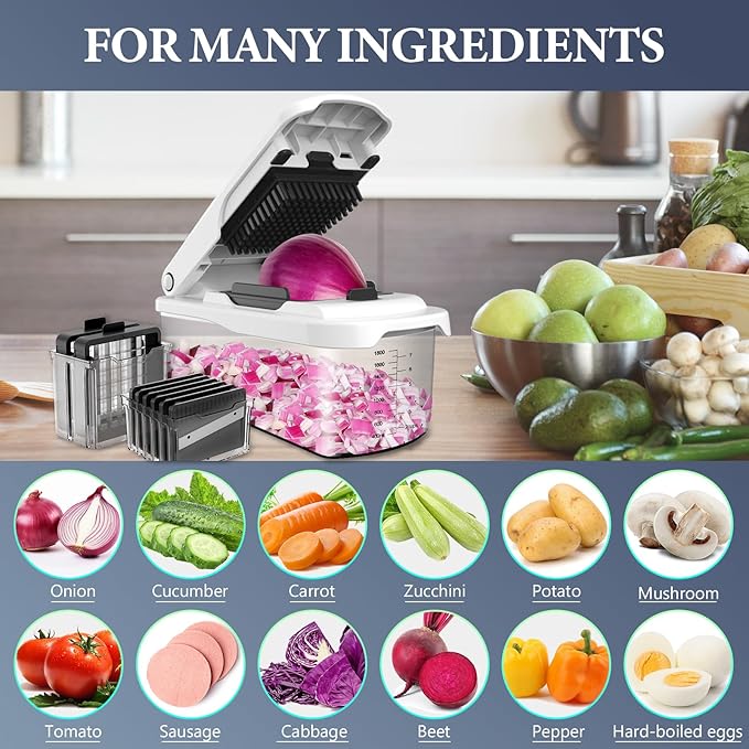 Ourokhome Food Chopper with Container, Manual Mandolin Vegetable Slicer Onion Dicer with 8 Blades, Hand Veggie Shredder for Potato, Tomato, Essential Kitchen Gadgets (8 in 1, White)