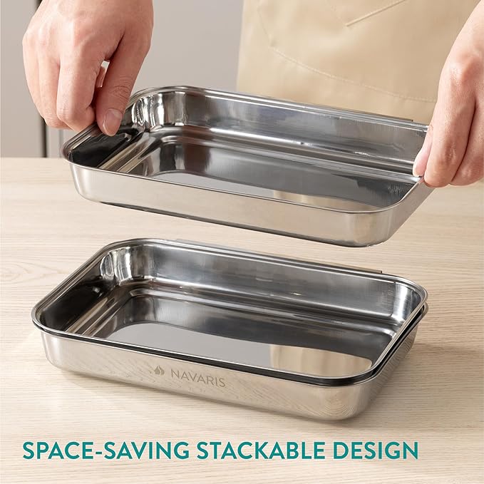 Navaris Breading Trays Set - Toaster Oven Pan - 3 Stainless Steel Trays for Food - Stainless Steel Tray for Bread Crumb Dishes Panko Schnitzel - Breading Tray for Fish and Meat