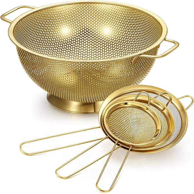 Norme 4 Quart Stainless Steel Gold Colander and 3 Pcs Gold Fine Mesh Strainer, Stainless Steel Pasta Rice Food Metal Strainer with Handles, Easy Clean and Dishwasher Safe