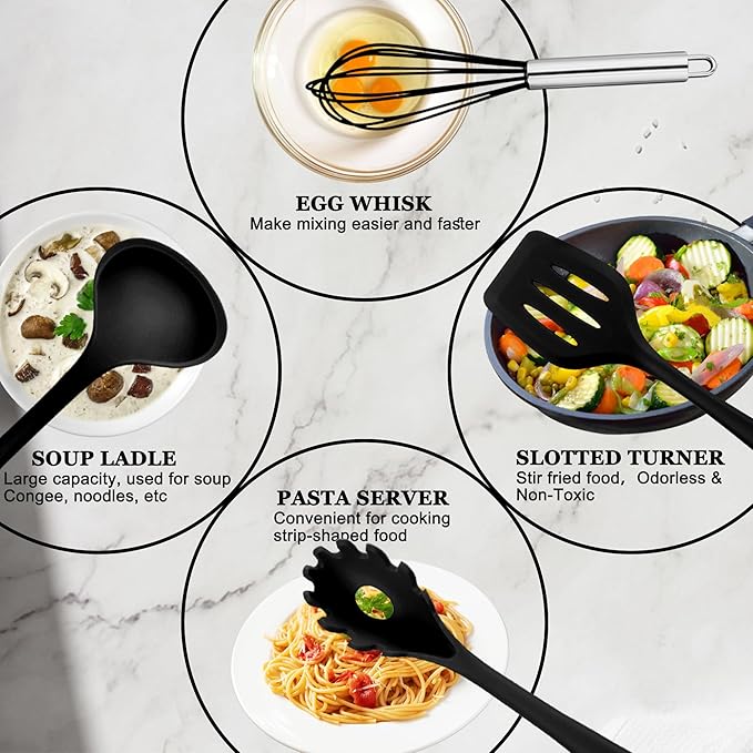 E-far 10 Pieces Silicone Cooking Utensils Set, Heat Resistant Kitchen Utensil Set for Nonstick Cookware, Kitchen Cooking Tools with Spatula, Spoon, Slotted Turner, Non-Toxic & Dishwasher Safe (Black)