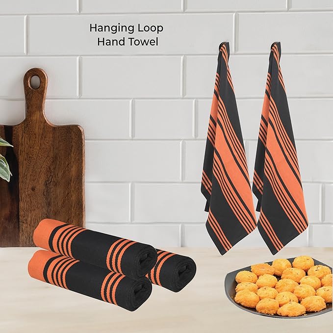 Urban Villa Halloween Kitchen Towels 100% Cotton Set of 3 Dish Towels - 20x30 Inches Highly Absorbent Quick Drying Dish Towels for Kitchen with Hanging Loop Hand & Tea Towels (Orange & Black Striped)