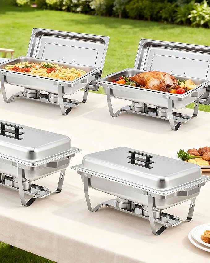 Garvee Chafing Dish Buffet Set 6 Pack, 8QT Buffet Servers and Warmers Set with Lid & Foldable Frame, Rectangular Stainless Steel Chafer Food Warmer for Parties Wedding Catering Supplies, Silver