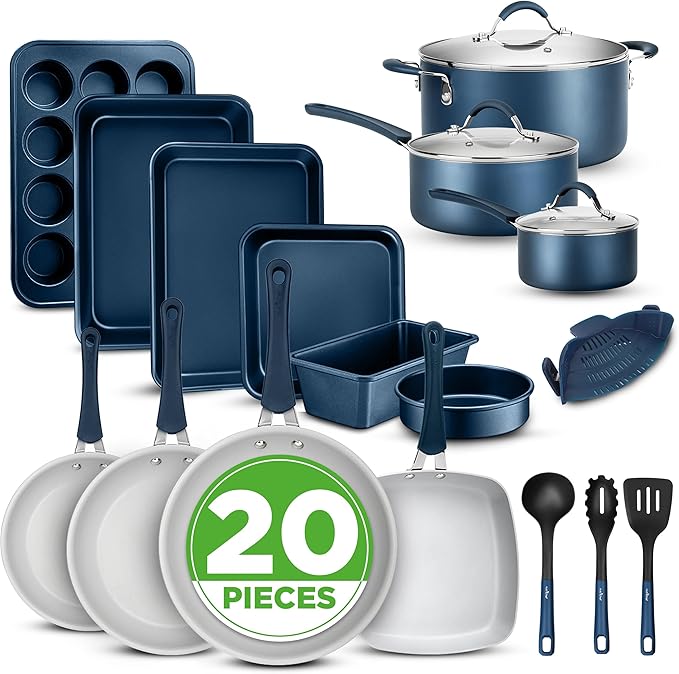 NutriChef Professional 20 Pc Kitchen Set in Navy Blue - Durable Non-Stick Pots and Pans with Bakeware, Compatible with Any Cooktop, Easy Clean