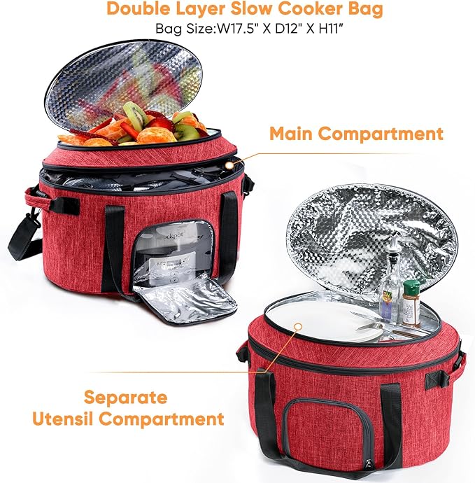 Double-Layer Slow Cooker Carrying Bag for 6-8 Quart CrockPot and Hamlton Beach Slow Cooker, Travel Bag with Lid Fastener for Crock-pot, Portable Carrier Case Slow Cooker Bag with See-thought Window