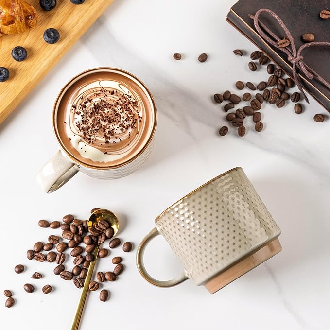 GBHOME 12OZ Stackable Coffee Mugs, Ceramic Coffee Mugs with Texture Patterns for Man,Woman,Dad,Mom, Modern Coffee Mugs Set of 4 for Latte/Cappuccino/Cocoa. Dishwasher&Microwave Safe, Pale Khaki