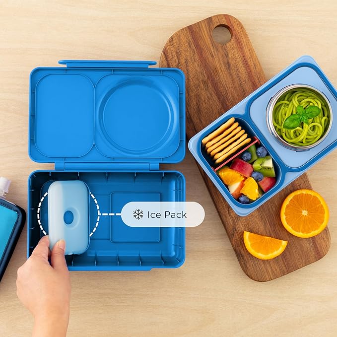 Omie OmieBox UP bento Box for Kids | Insulated Lunch Box | Leak Proof Vacuum Insulated Thermal Food jar | Cooler ice Pack | 2 Compartments (Cosmic Blue)