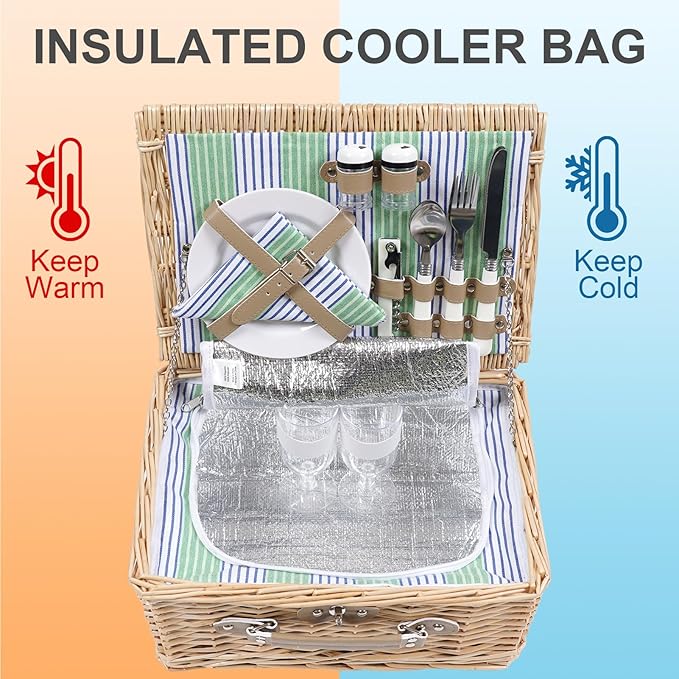 Wicker Picnic Basket for 2 Person, Willow Hamper Basket Sets with Insulated Compartment, Handmade 2 Person Picnic Basket Classical Green Stripe with Utensils Cutlery Perfect for Picnic, Camping