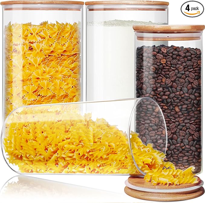 Large Glass Flour and Sugar Containers 180oz x2 & 93oz x2 [Set of 4], Glass Food Storage Containers with Bamboo Lids, Glass Jar with Airtight Lid for Spaghetti Pasta,Rice,Cereal,Coffee, Oat