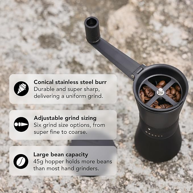 MiiR New Standard Hand Grinder, Manual Coffee Grinder - Precision Grinding, Six Adjustable Settings, Durable Stainless Steel Burrs, 45g Bean Capacity