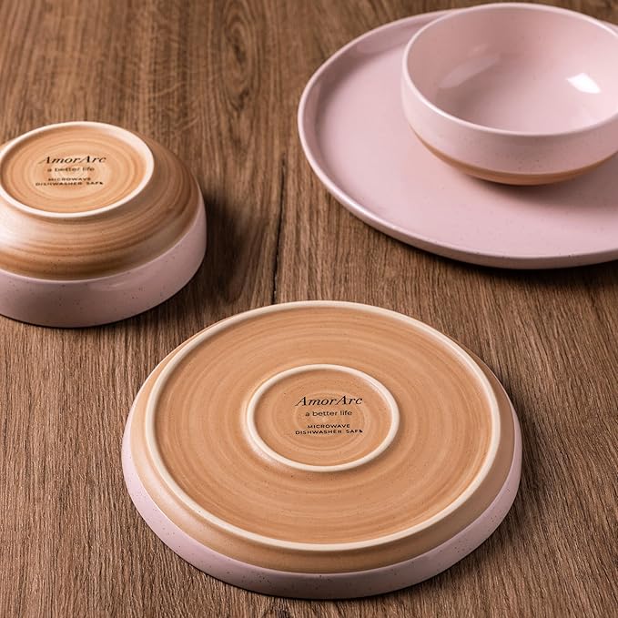 AmorArc Ceramic Dinnerware Sets for 6, 18 Pieces Handpainted Speckled Plates and Bowls Set with Rustic Terracotta Underside, Scratch Resistant Stoneware Dishes Set, Dishwasher & Microwave Safe, Pink