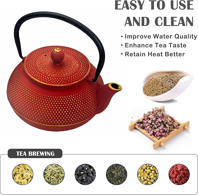 30.4oz Small Cast Iron Teapot, Tea Kettle for Stovetop Safe Coated with Enameled Interior, Red Japanese Tetsubin, Tea Pot with Stainless Steel Infuser for Loose Tea(900ml)