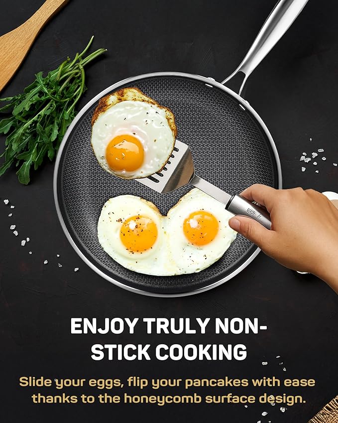Stainless Steel Nonstick Frying Pan, Hybrid Ceramic 12-Inch Frying Pans, Stay-Cool Handle, PFAS & PFOA PTFE Free, Dishwasher & Oven Safe, Scratch-Resistant, Compatible with Induction & All Cooktops