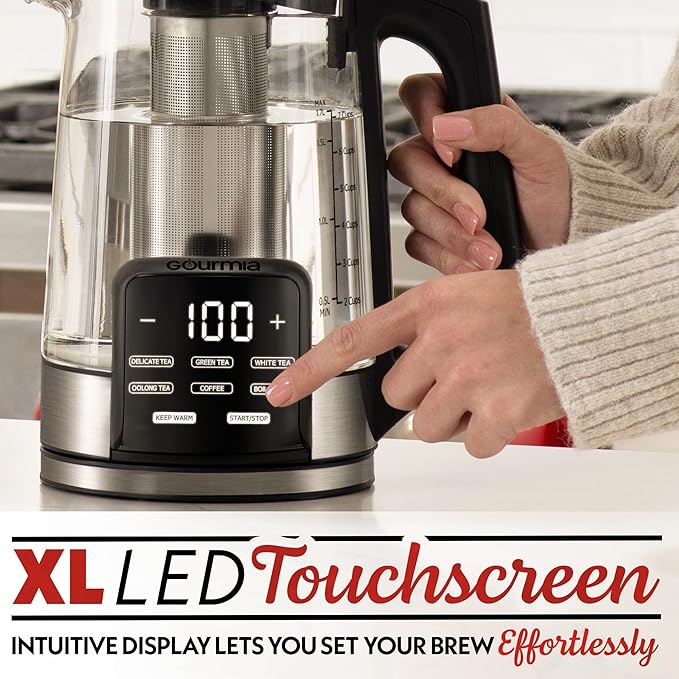 Gourmia Electric Programmable Glass Kettle – 1.7L Temperature Control Tea & Coffee Kettle with Digital Touch Display, 6 Presets, Keep Warm, Removable Stainless Steel Infuser, 360° Swivel Base – White