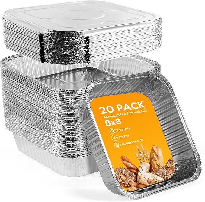 8"x8" Disposable Aluminum Foil Pans with lid - 20 Pack Square Baking Pans Disposable Food Containers with Lids Heavy Duty Tin Foil Pan for Baking Cake, Oven Cooking, Heating, Storing, Meal Prepping