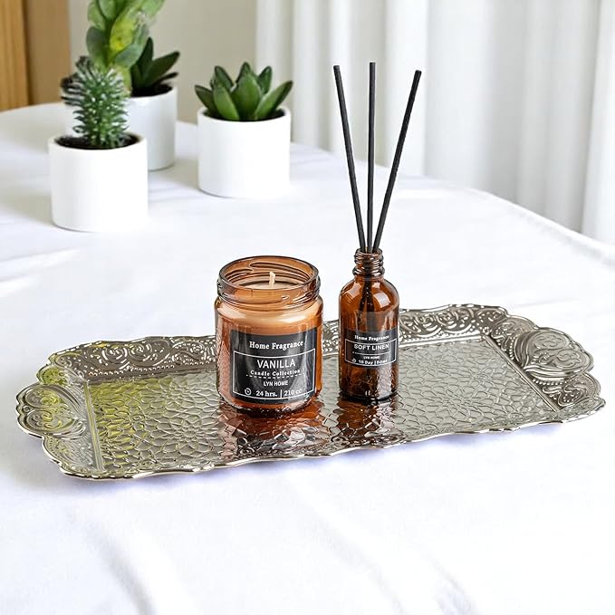 Alisveristime Small Ornate Metal Serving Tray – Ottoman Motif Decorative Tray (14.2" x 7.1", 10.8 oz) (Silver)