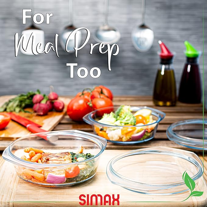 Simax Casserole Dish Set, Set of 2 Casserole Dish with Lid, Round Glass Cookware, Borosilicate Glass, Made In Europe 1 Qt and 1.5 Qt Baking Dishes