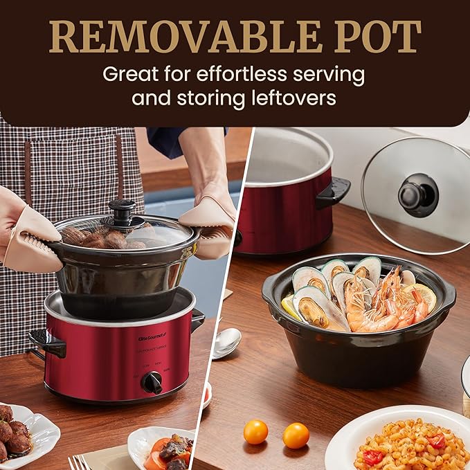 Elite Gourmet MST-275XR Electric Oval Slow Cooker, Adjustable Temp, Entrees, Sauces, Stews & Dips, Dishwasher Safe Glass Lid & Crock (2 Quart, Metallic Red)